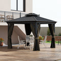 10' x 10' Hardtop Gazebo, Pavilion Gazebo with Curtains, Nettings, Aluminum Frame, Hooks, for Garden, Patio, Dark Brown - Morderncharm store