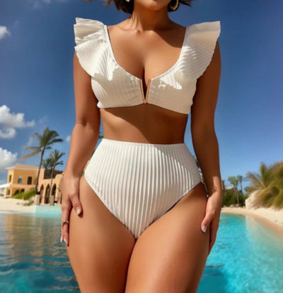 Solid Color Rib Fabric Ruffled Bikini null