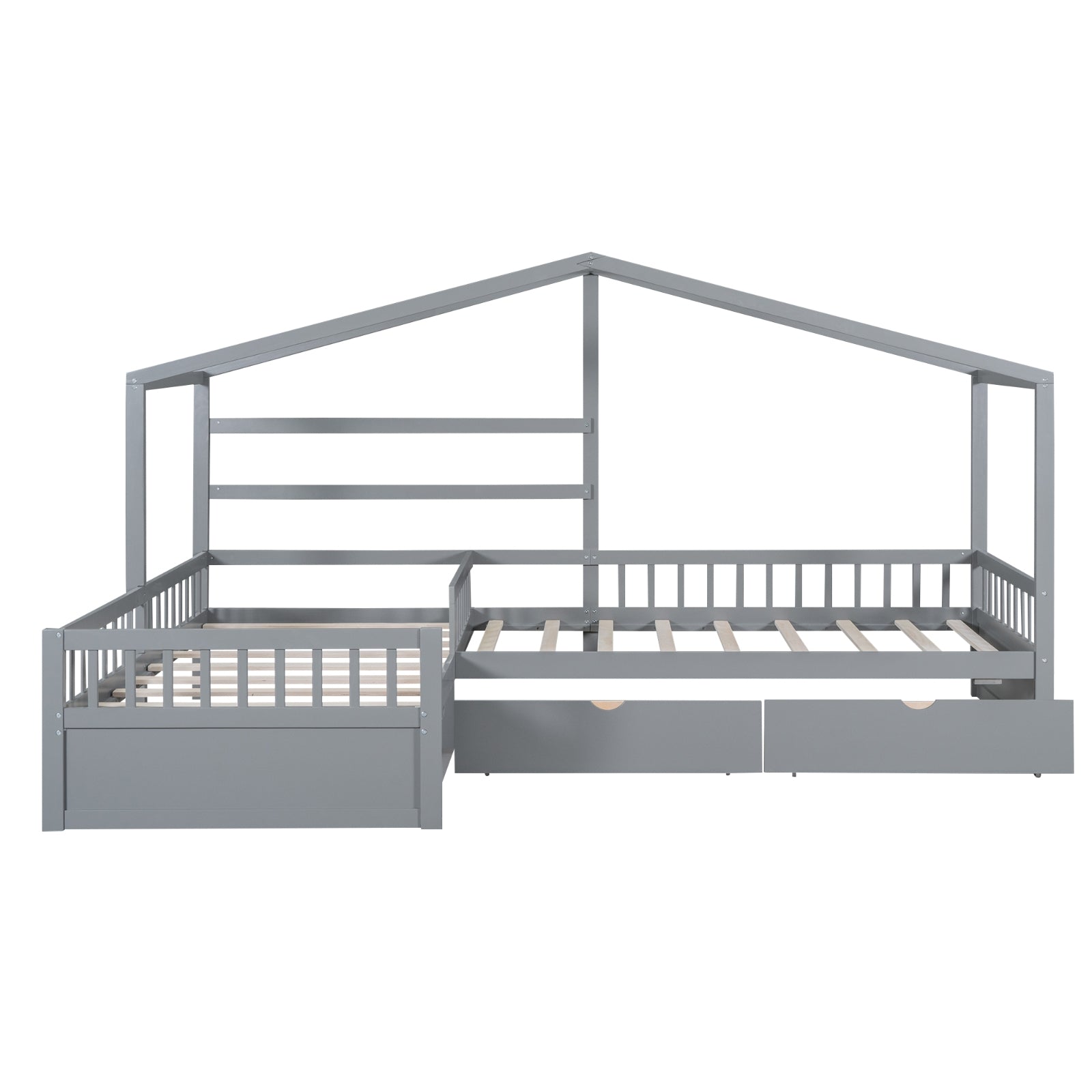 Twin size house platform bed in gray with three built-in storage drawers, featuring a cozy house-shaped design and modern style.