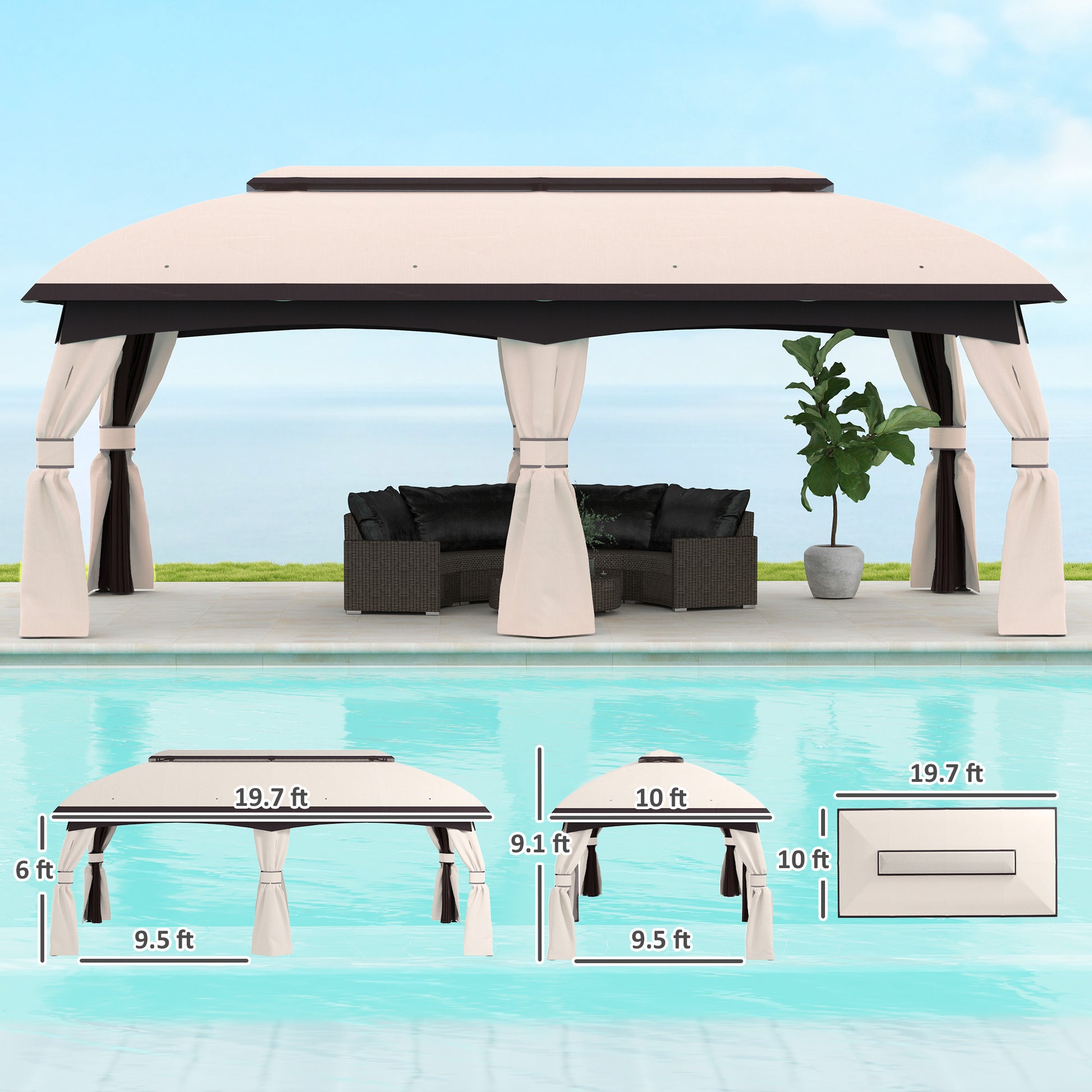 10’ x 20’ Patio Gazebo, Outdoor Gazebo Canopy Shelter with Netting, Vented Roof for Garden, Beige - Morderncharm store