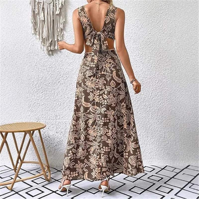 Women's Handmade Printed Waist-controlled Strap Vest Long Dress null