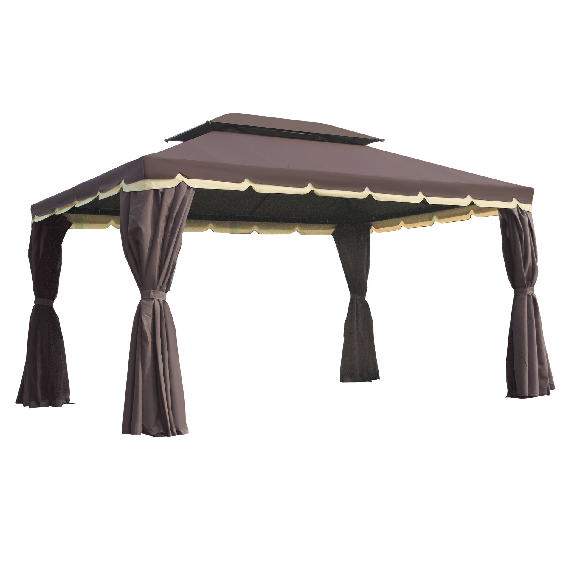 10x13 aluminum gazebo patio canopy with double roof, netting, and curtains for outdoor shelter and shade.