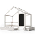 Twin house bed with built-in chalkboard, featuring a cozy wooden frame, perfect for kids' bedroom decor and play area.