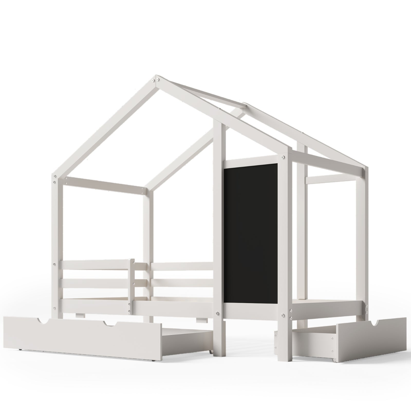 Twin house bed with built-in chalkboard, featuring a cozy wooden frame, perfect for kids' bedroom decor and play area.