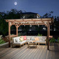 Wooden pergola grill gazebo with metal roof, hanging bulbs, and bar counters for outdoor cooking and relaxation.