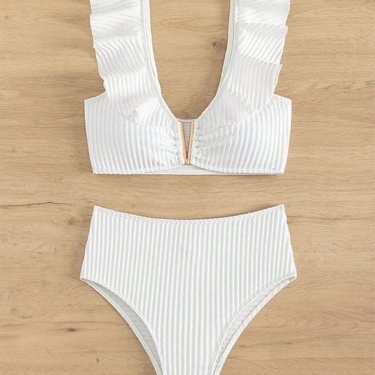 Solid Color Rib Fabric Ruffled Bikini null