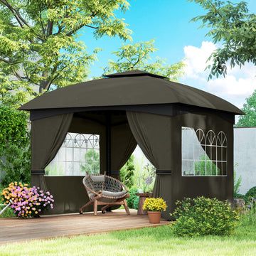 11' x 11' Outdoor Gazebo, Double Roof Patio Gazebo with Curtains, Church Windows, Galvanized Steel Frame, Dark Gray