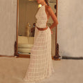 2pcs Women's Dress Suit Sexy Sleeveless Backless Cropped Halter Top And Pleated Long Skirt Beach Clothing null