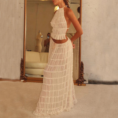 2pcs Women's Dress Suit Sexy Sleeveless Backless Cropped Halter Top And Pleated Long Skirt Beach Clothing null