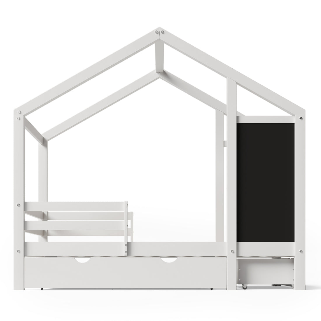 Twin house bed with built-in chalkboard, featuring a cozy wooden frame, playful house design, and a chalkboard surface for drawing.