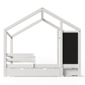 Twin house bed with built-in chalkboard, featuring a cozy wooden frame and playful design for children's bedroom decor.