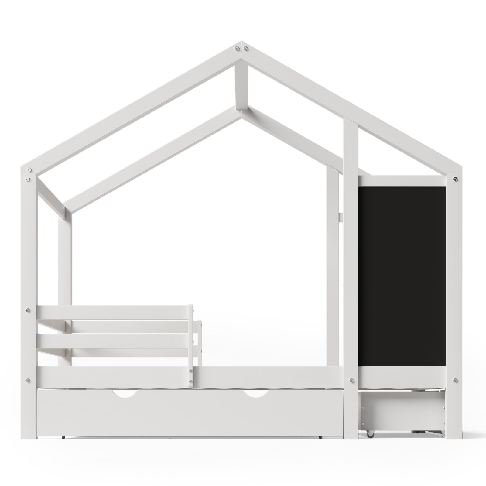 Twin house bed with built-in chalkboard, featuring a cozy wooden frame and playful design for children's bedroom decor.