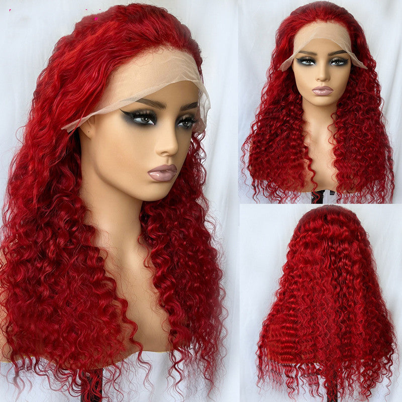 Red Deep Wave Human Hair Wig Real Headgear null