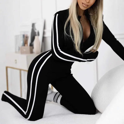 New Autumn And Winter Women's Slim Striped Half Zipper JumpsuitNew Autumn And Winter Women's Slim Striped Half Zipper Jumpsuit