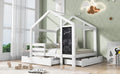 Twin house bed with built-in chalkboard, featuring a cozy wooden frame and playful design for children’s bedroom decor.