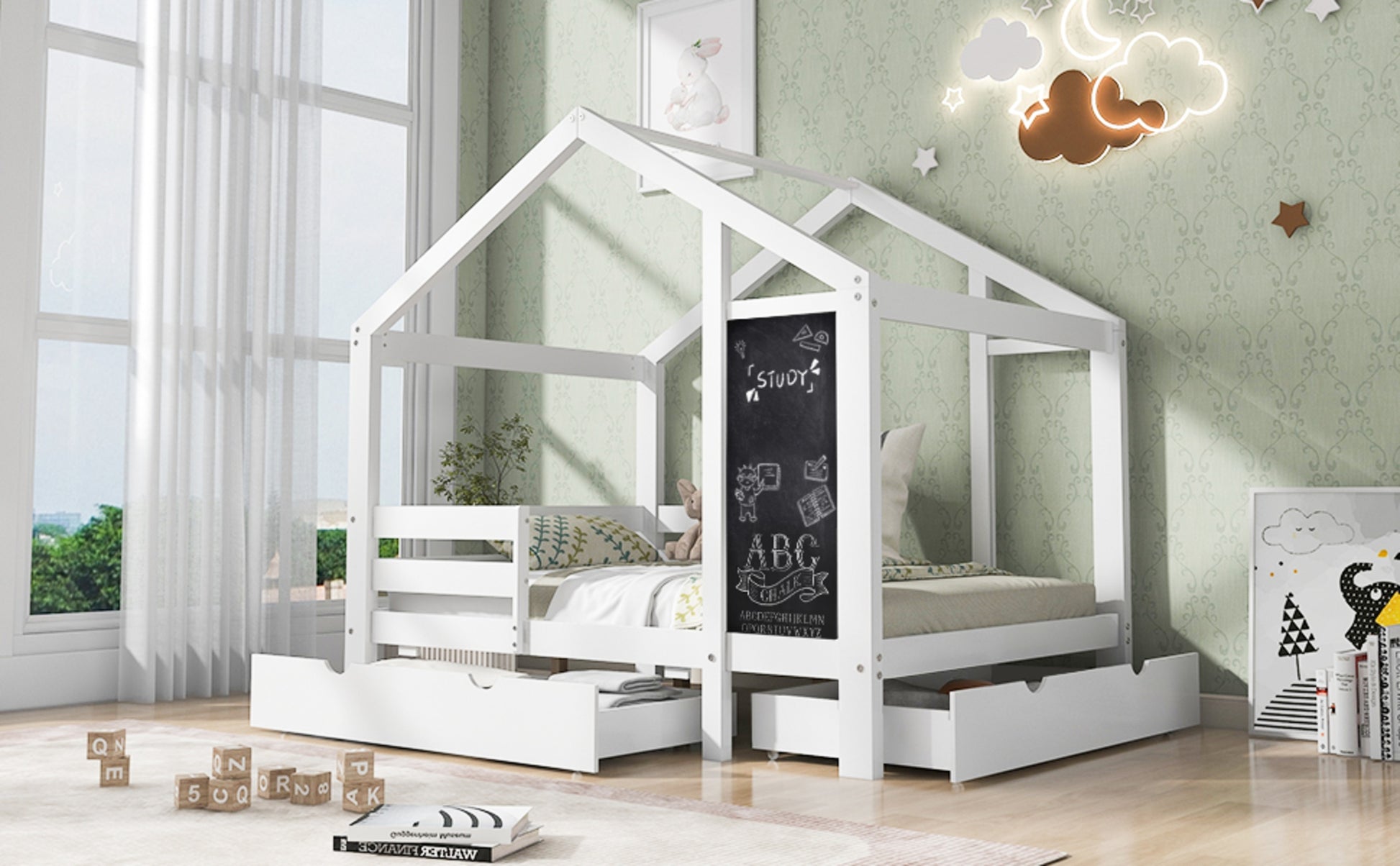 Twin house bed with built-in chalkboard, featuring a cozy wooden frame and playful design for children’s bedroom decor.