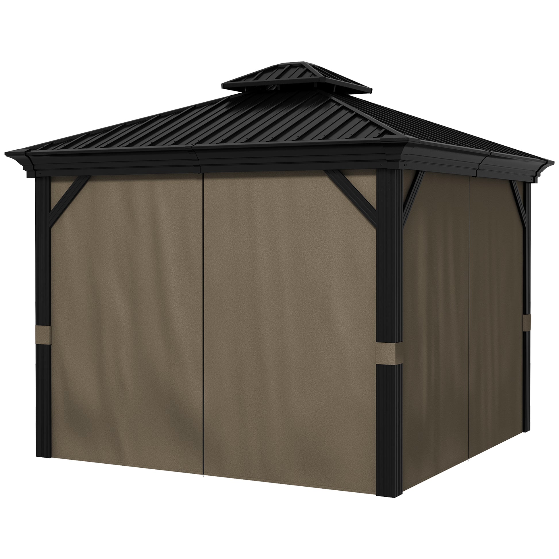 10' x 10' Hardtop Gazebo, Pavilion Gazebo with Curtains, Nettings, Aluminum Frame, Hooks, for Garden, Patio, Dark Brown - Morderncharm store