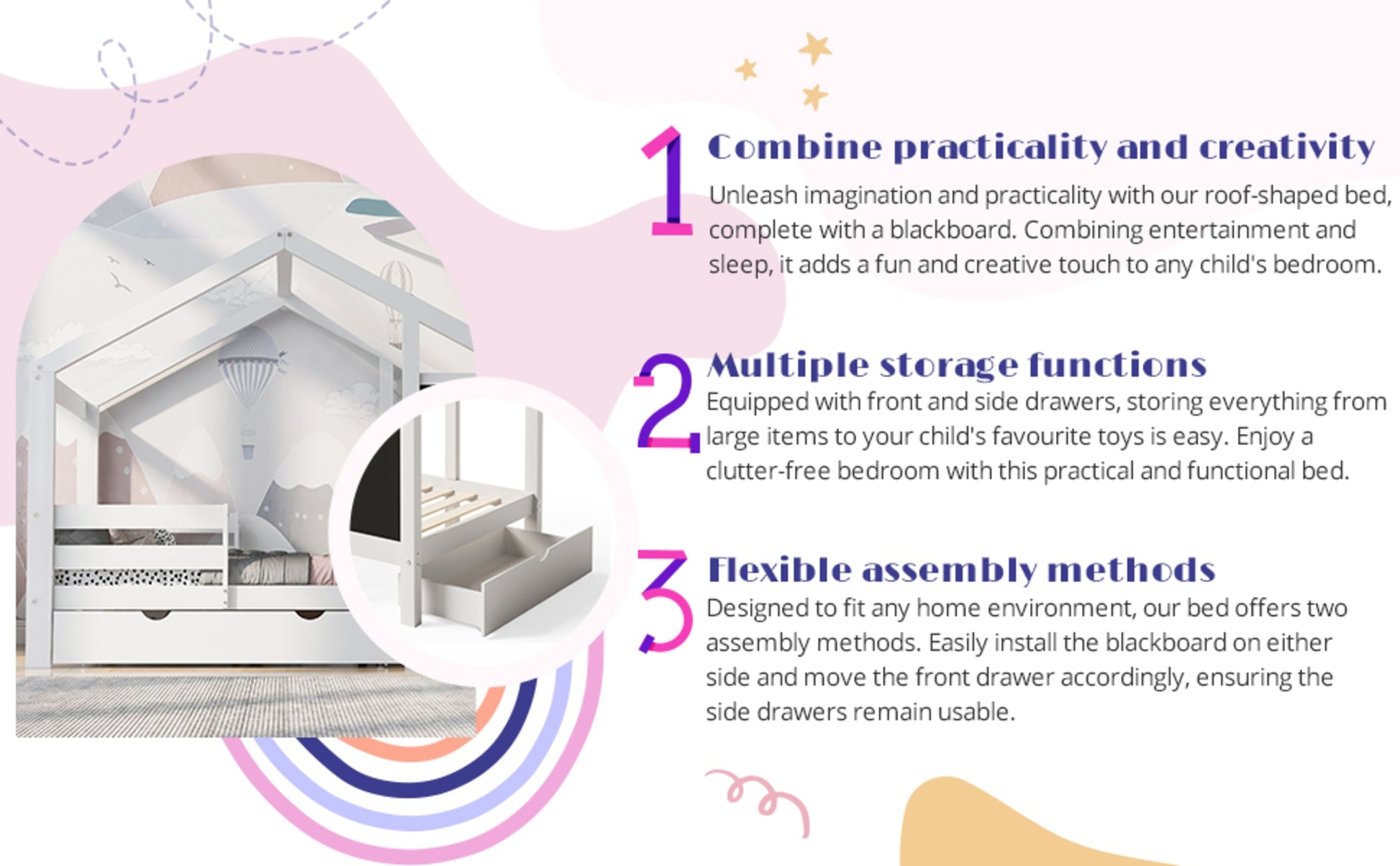 Twin house bed with built-in chalkboard and cozy design, ideal for children's bedroom, featuring a playful house shape and functional chalkboard.