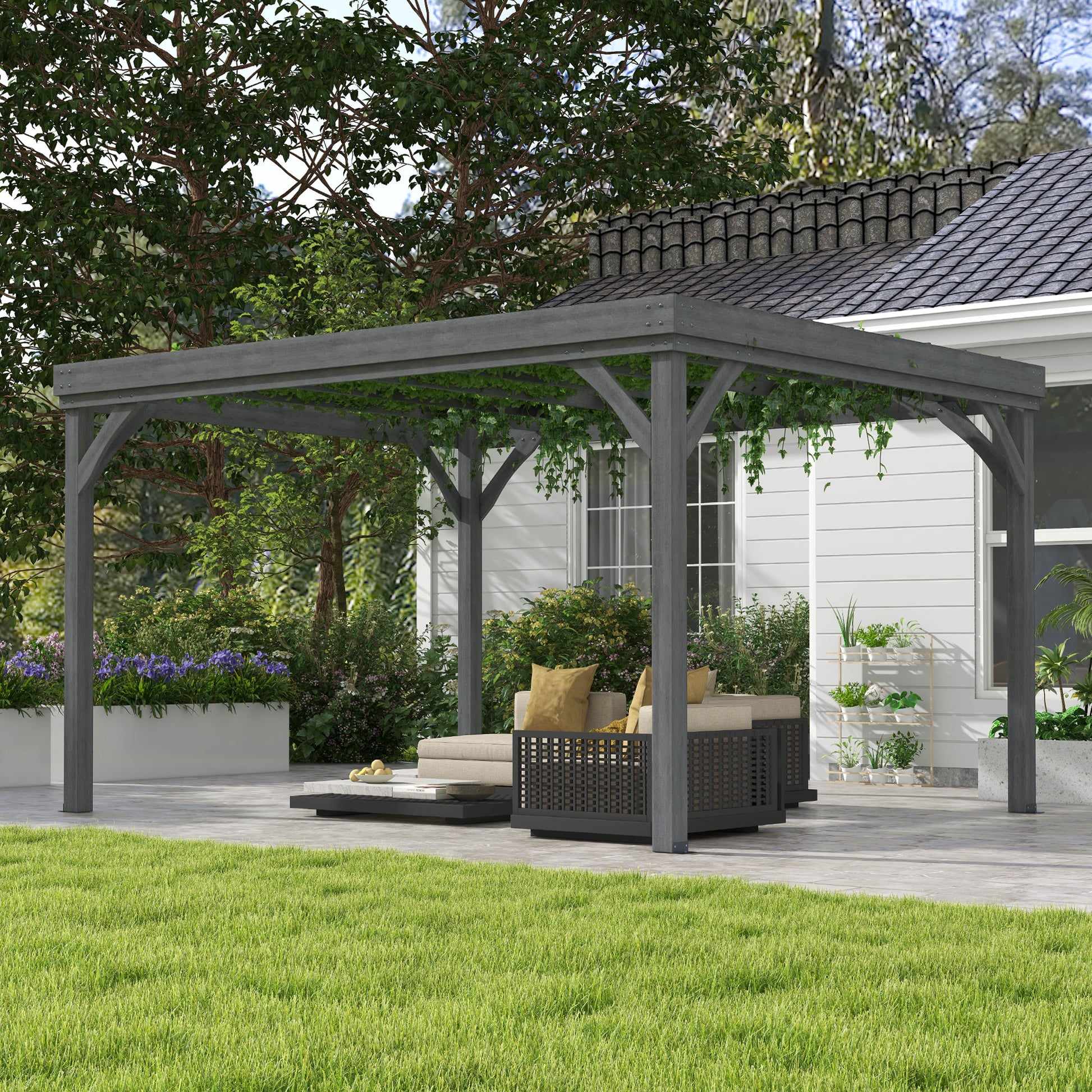 10' x 12' Outdoor Wooden Pergola, Grape Vine Gazebo with Concrete Anchors for Garden, Patio, Backyard, Deck, Gray - Morderncharm store