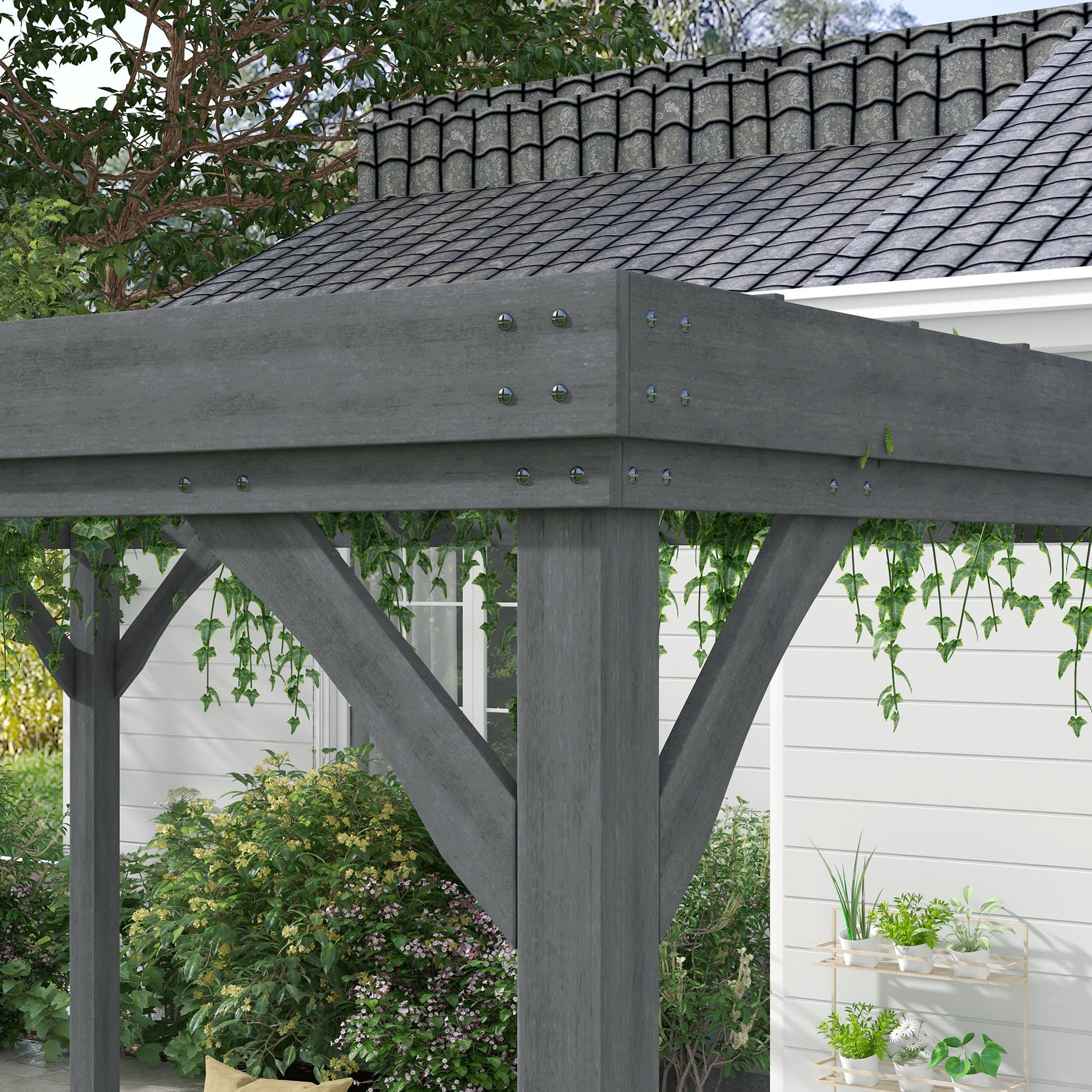 10' x 12' Outdoor Wooden Pergola, Grape Vine Gazebo with Concrete Anchors for Garden, Patio, Backyard, Deck, Gray - Morderncharm store