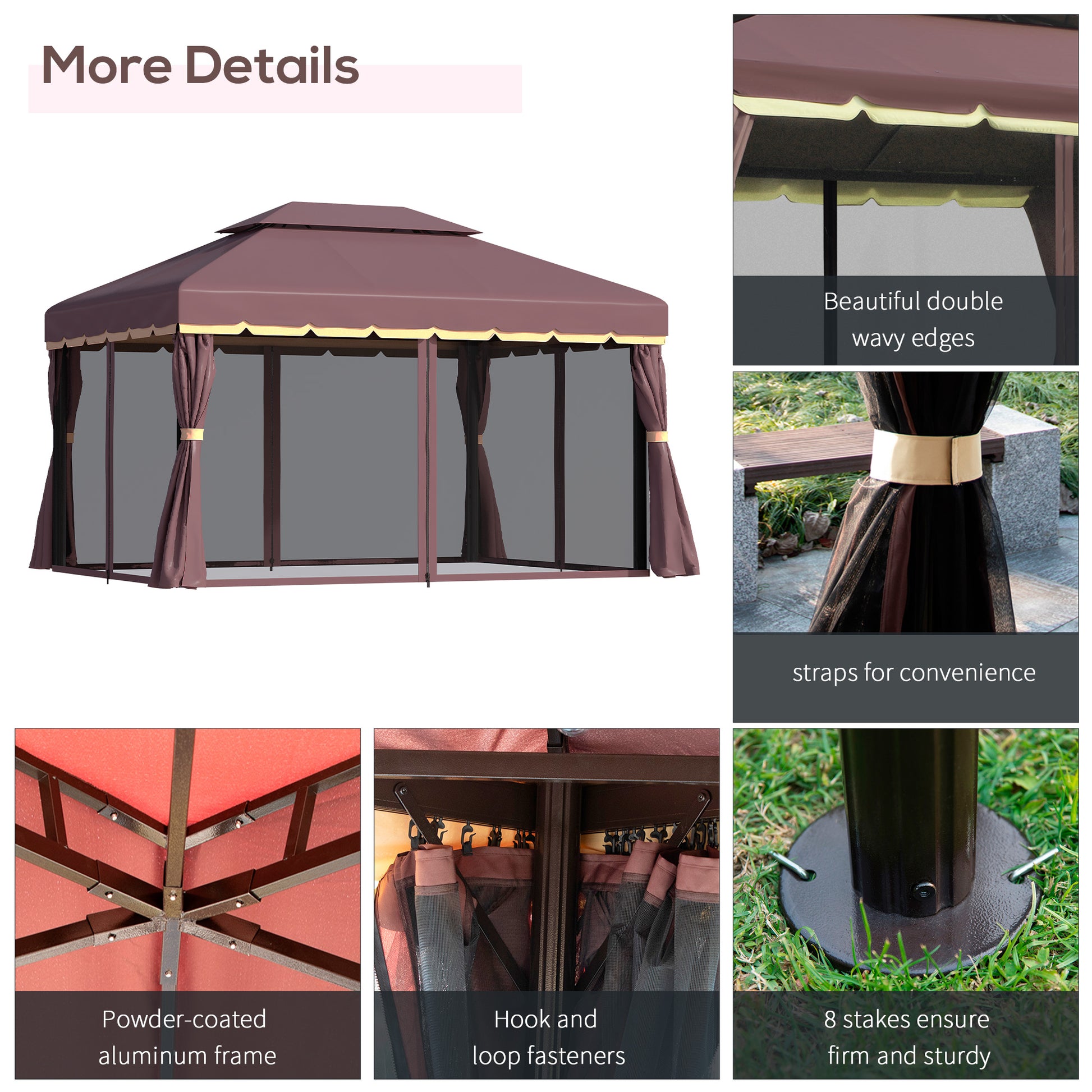 10x13 aluminum gazebo patio canopy with double roof, netting, and curtains, providing outdoor shelter and shade.