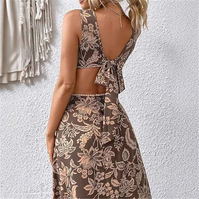 Women's Handmade Printed Waist-controlled Strap Vest Long Dress null