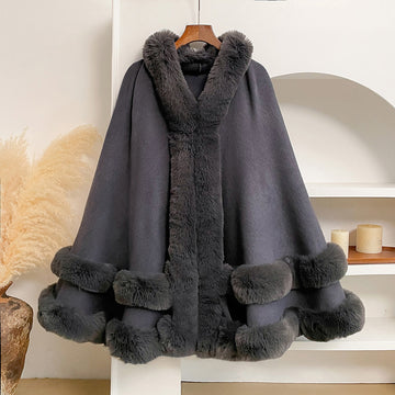 Luxury Faux Fur Trimmed Cape Poncho