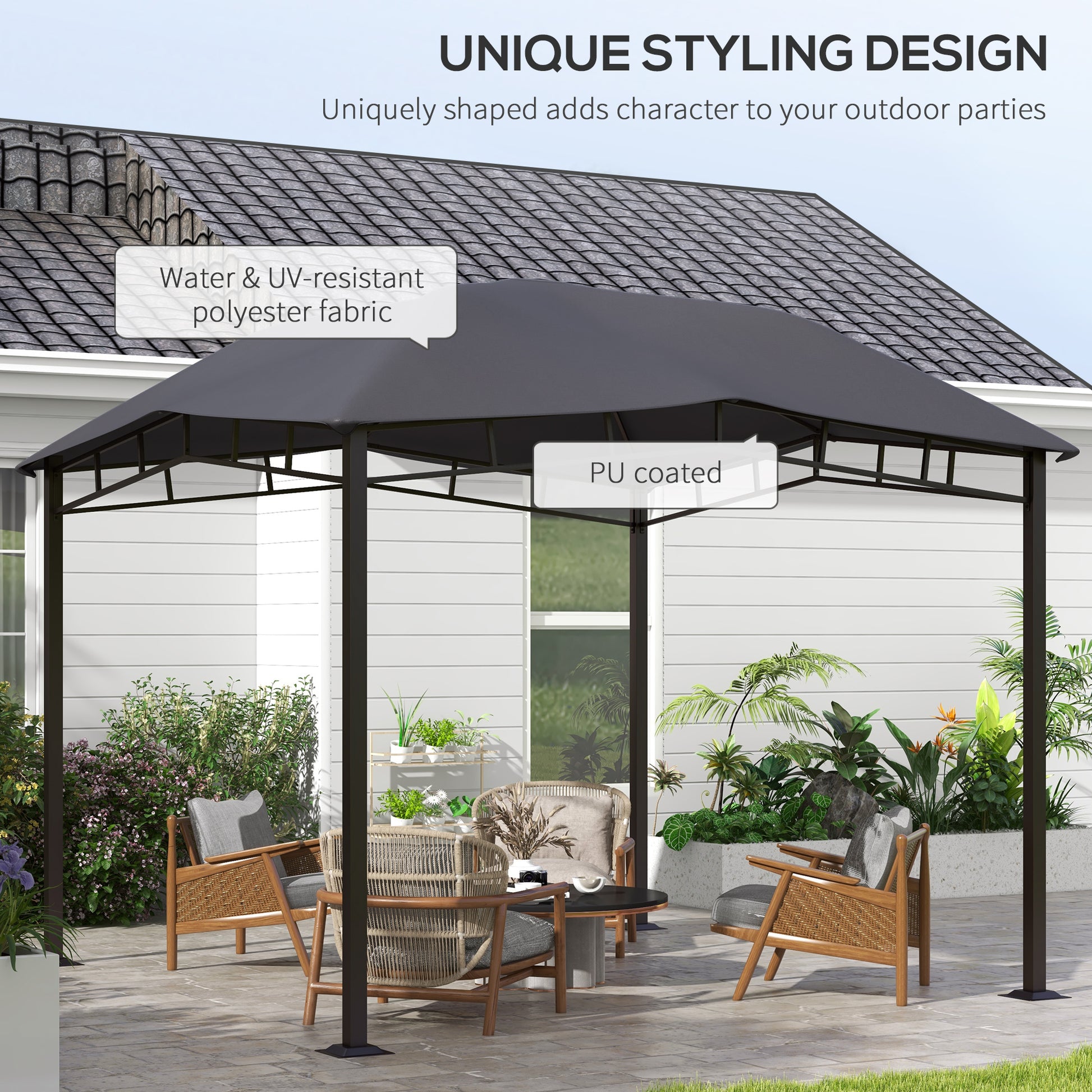 10x10 soft top patio gazebo with geometric roof, outdoor canopy providing shade and style for backyard relaxation