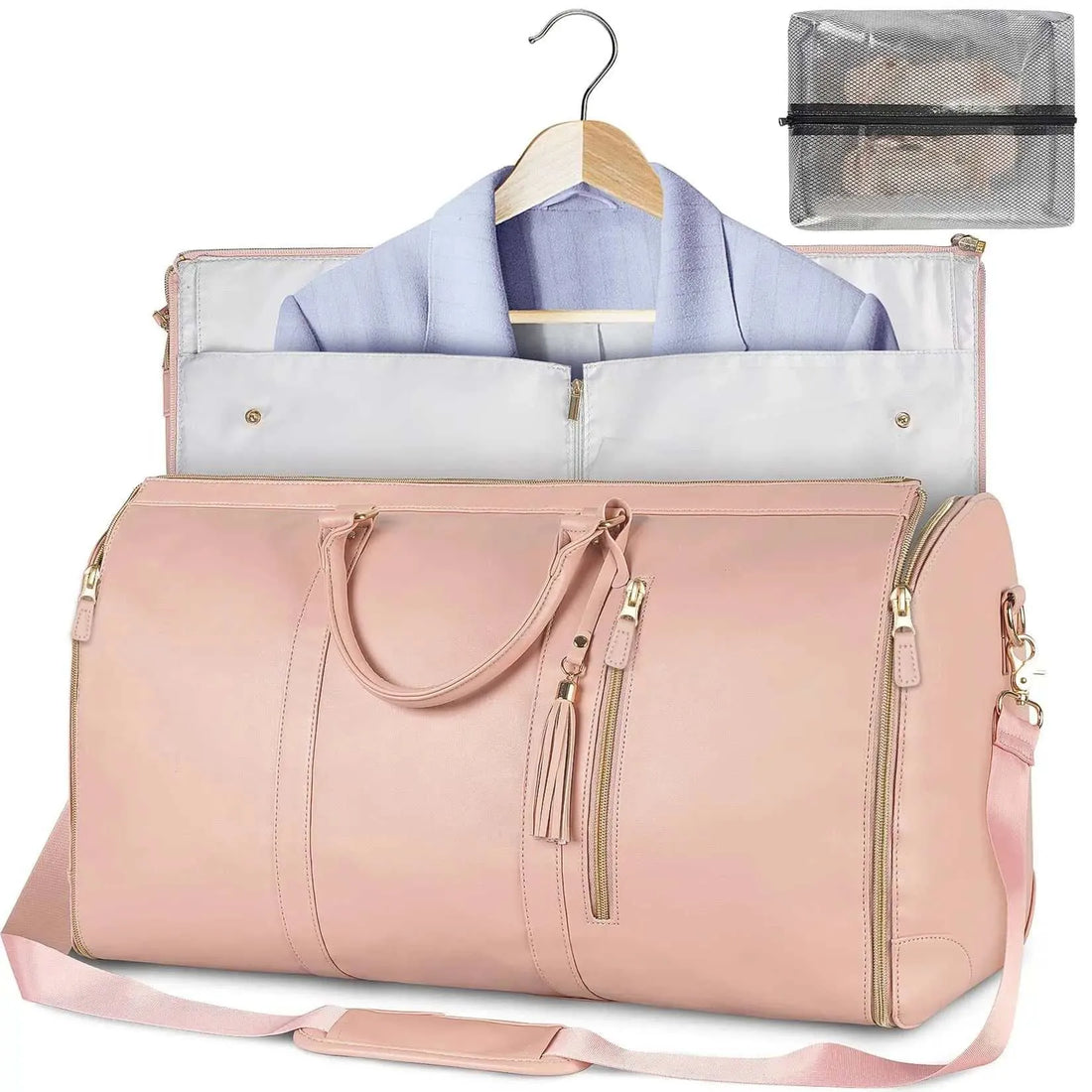 Large capacity travel duffle bag for women, pink design, with suit compartment and shoulder strap.