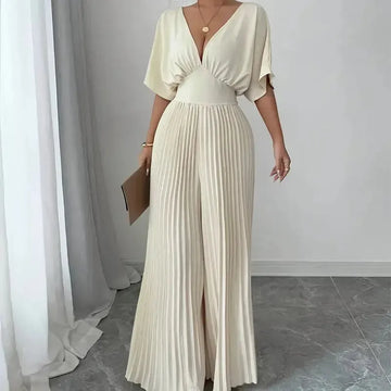 Elegant and comfortable cream-colored dress jumpsuit for women.