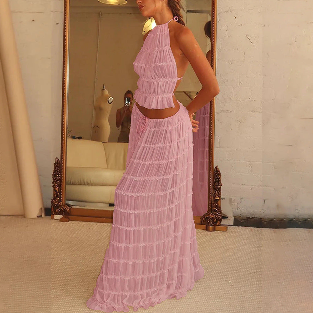 2pcs Women's Dress Suit Sexy Sleeveless Backless Cropped Halter Top And Pleated Long Skirt Beach Clothing null