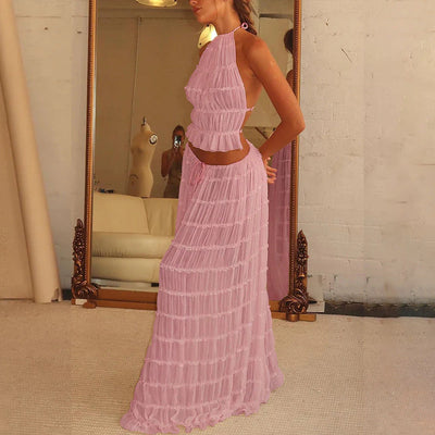 2pcs Women's Dress Suit Sexy Sleeveless Backless Cropped Halter Top And Pleated Long Skirt Beach Clothing null