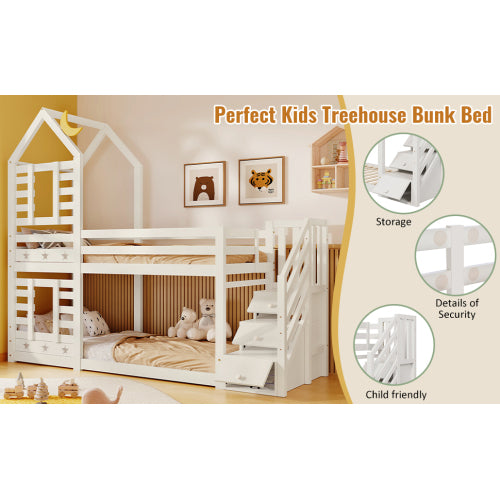 Wooden House Bunk Bed with Storage Stairs & Playhouse Frame - Morderncharm store