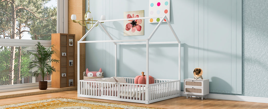 Modern twin wood house bed frame with a cozy house-shaped headboard and sturdy wooden construction.