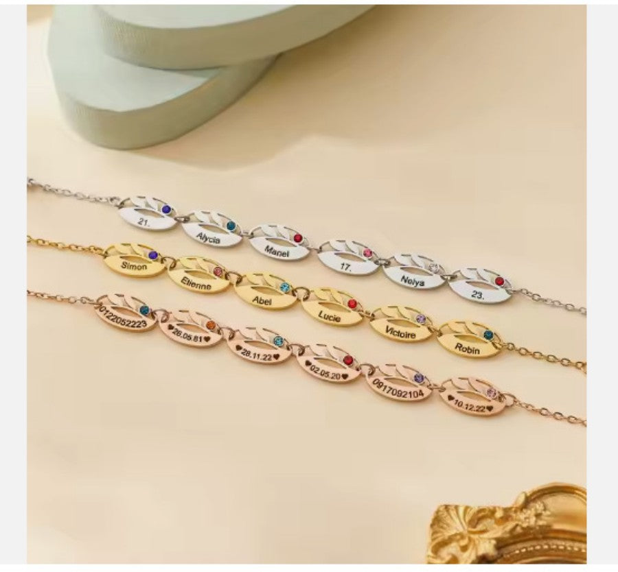 Stainless steel hollow oval leaf bracelet engraved with a birthstone, showcasing intricate leaf detail and a sparkling gemstone.
