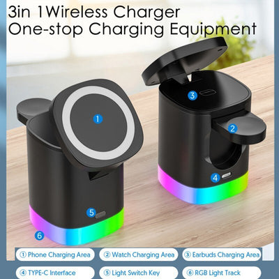 3 In 1 Magnetic Wireless Fast Charger For Smart Phone RGB Ambient Light Charging Station For Airpods IWatch null