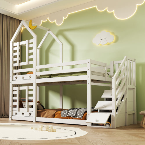 Wooden House Bunk Bed with Storage Stairs & Playhouse Frame - Morderncharm store
