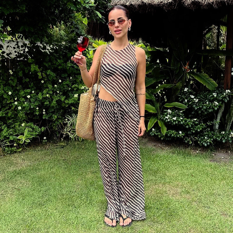 Women's Sleeveless Diagonal Stripes See-through Irregular Top Suit null