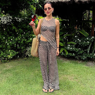 Women's Sleeveless Diagonal Stripes See-through Irregular Top Suit null