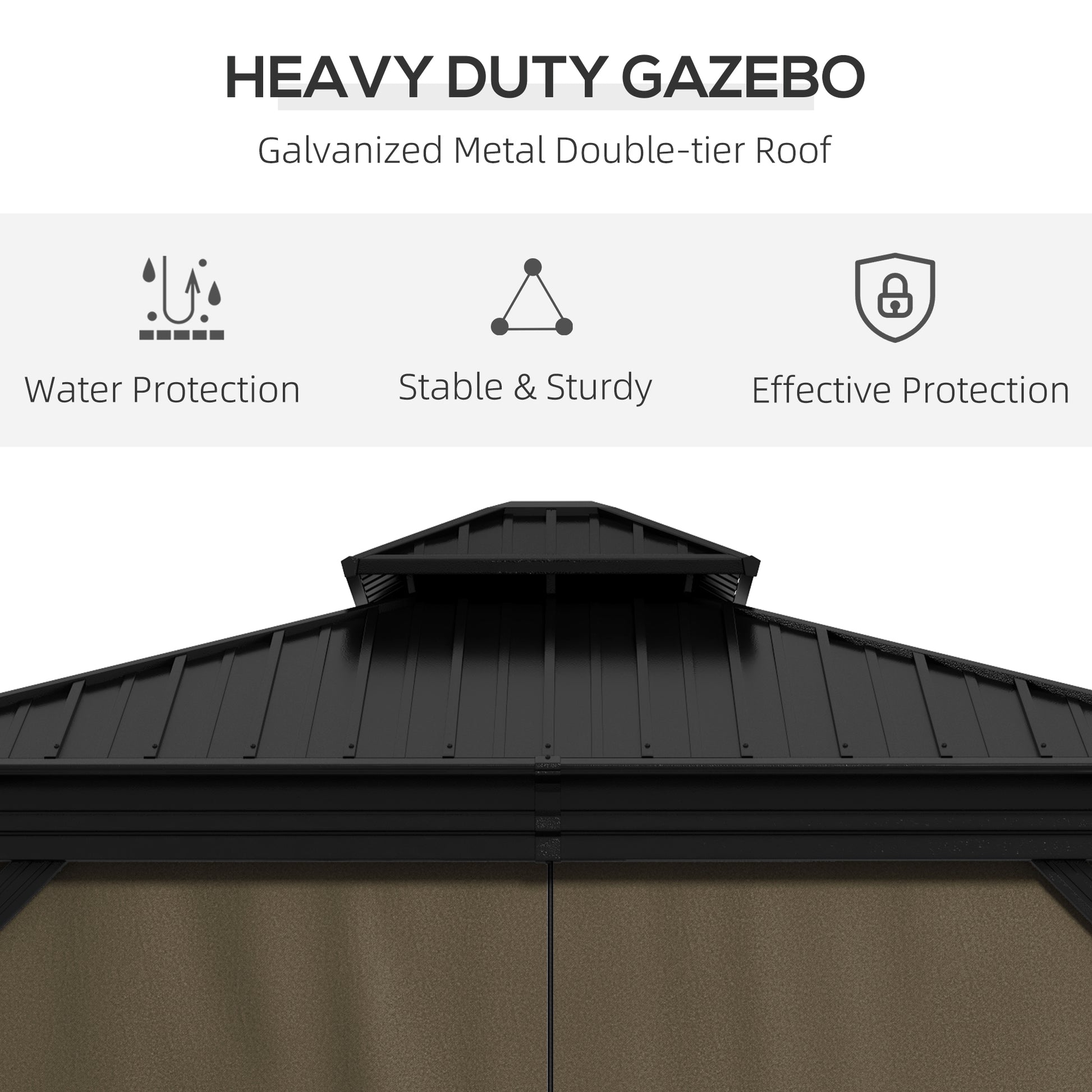 10' x 10' Hardtop Gazebo, Pavilion Gazebo with Curtains, Nettings, Aluminum Frame, Hooks, for Garden, Patio, Dark Brown - Morderncharm store